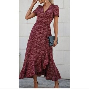PRETTYGARDEN  Summer Wrap Midi / Maxi Boho Floral V Neck Short Sleeve  Dress